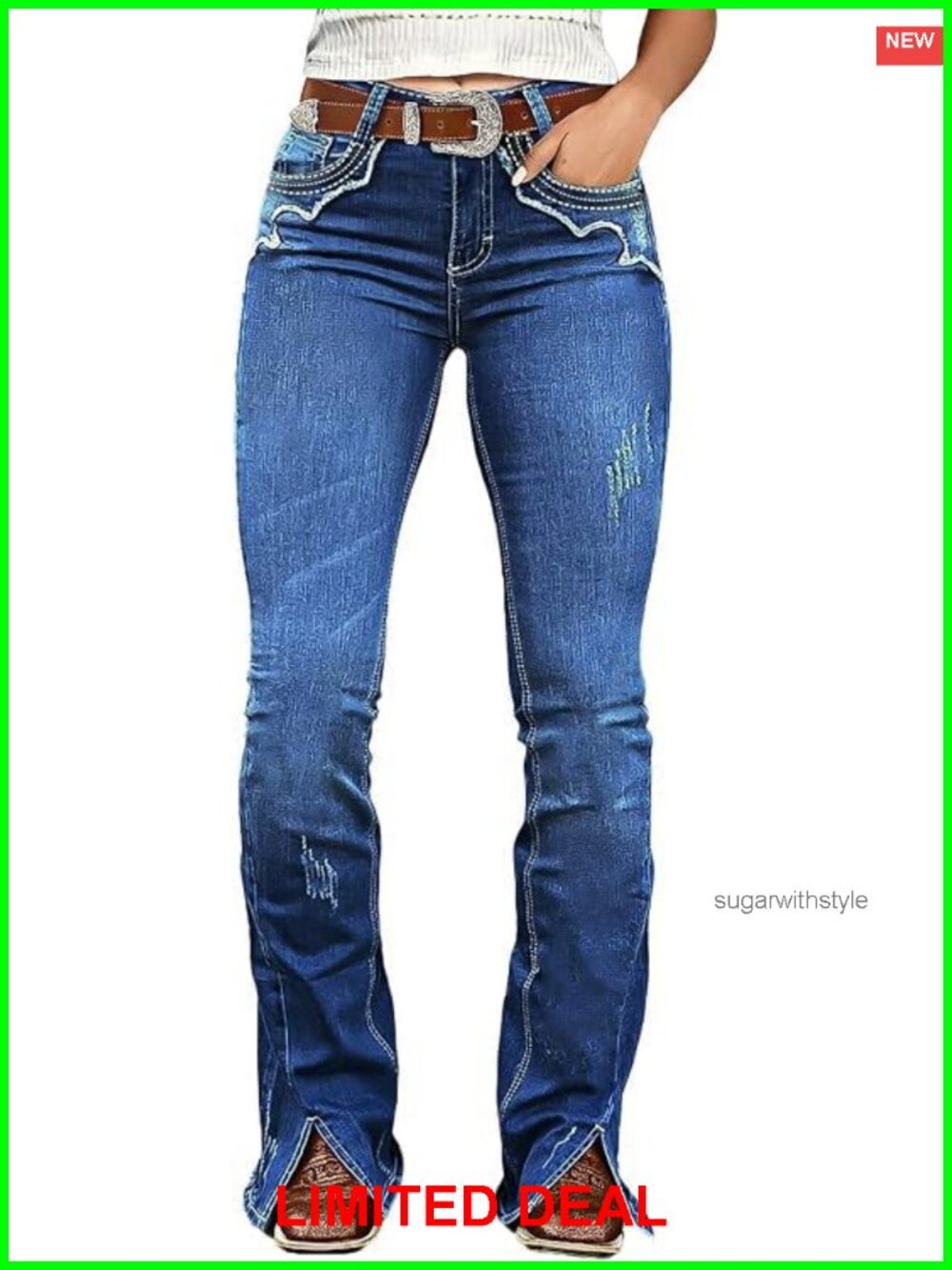 Flamingals Bootcut Mid Rise Split Ripped Stitch Curvy Jeans
